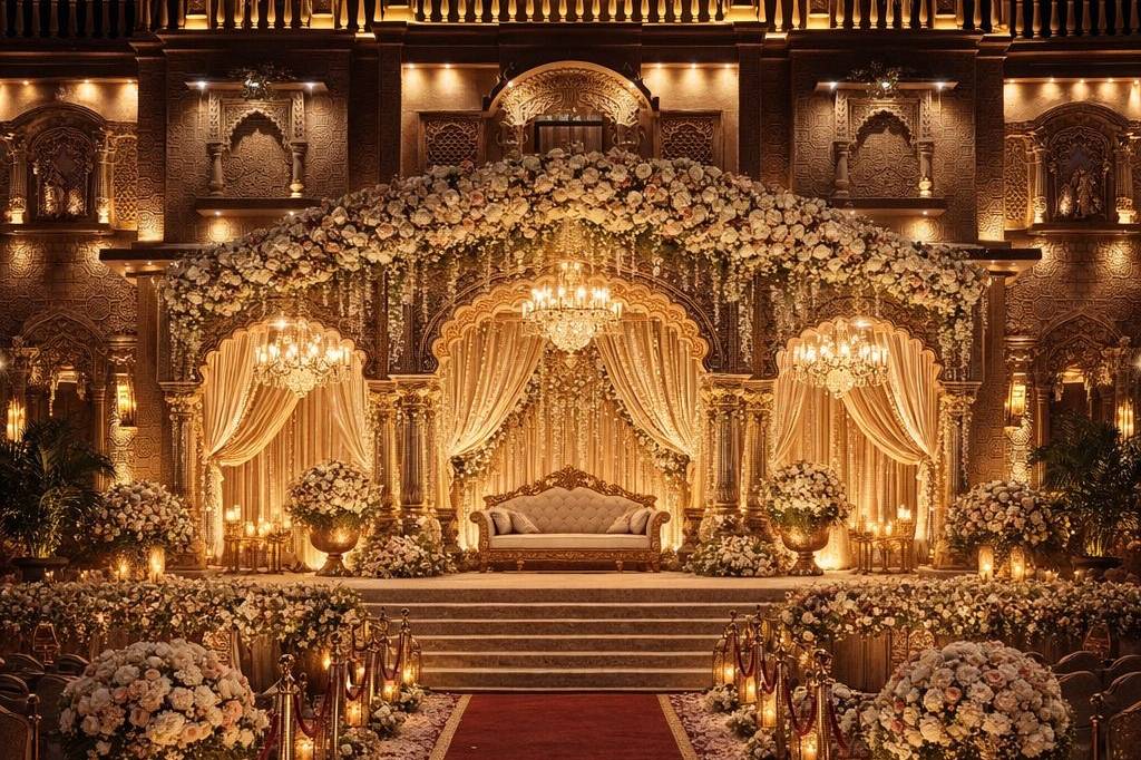 Luxury Indian reception stage with gold architecture flowers and chandeliers
