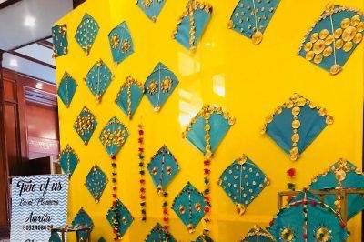 Haldi decor with quirky backdr