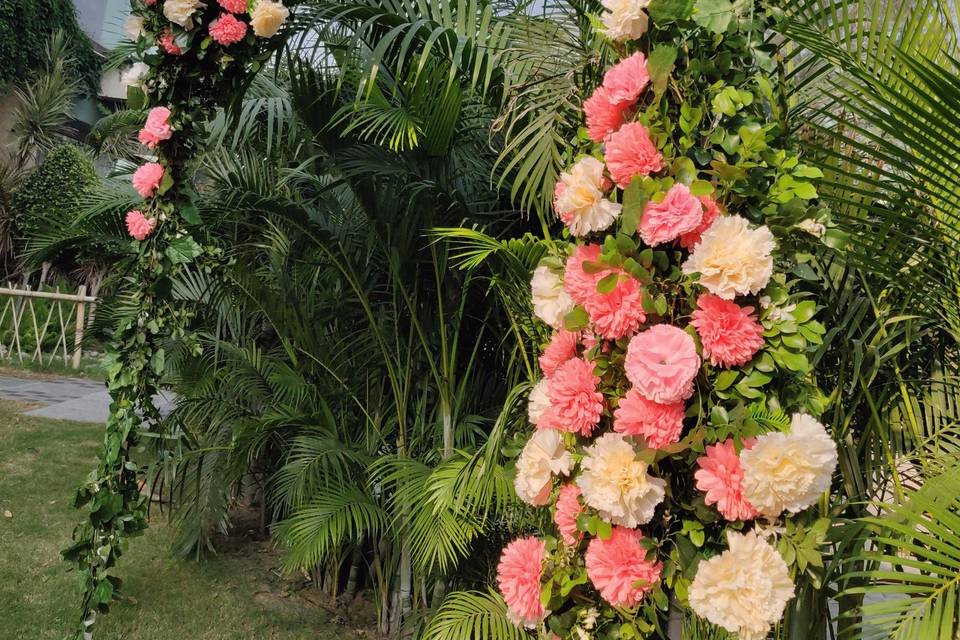 Floral with glass bottles