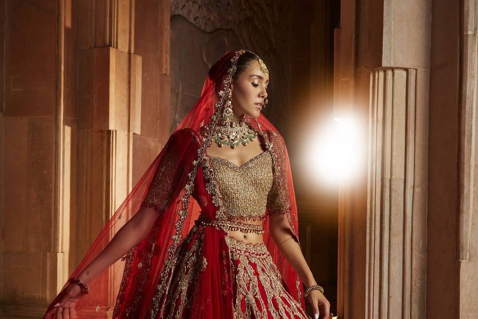 BLOOD RED RAW SILK LEHENGA