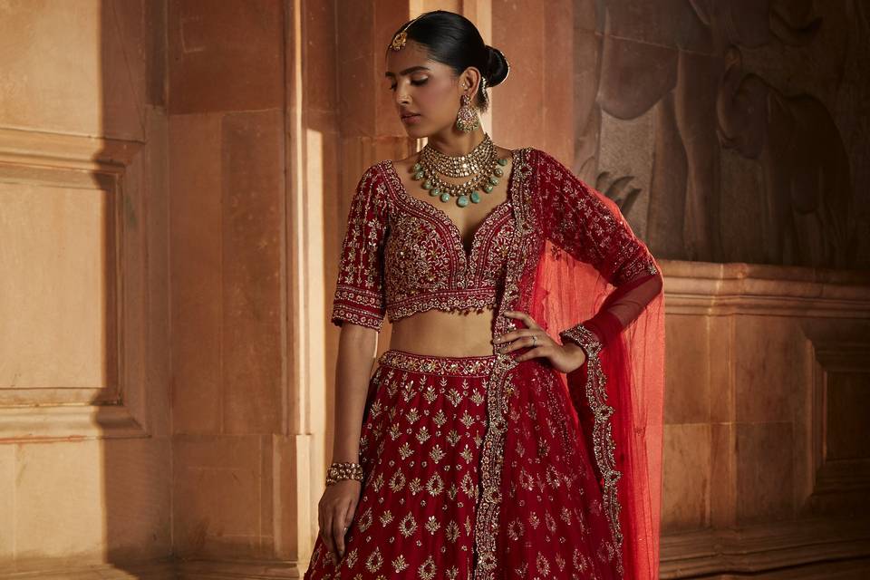 BLOOD RED RAW SILK LEHENGA