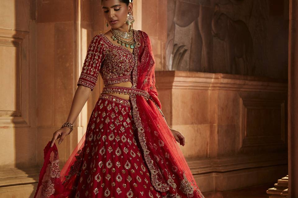 BLOOD RED RAW SILK LEHENGA