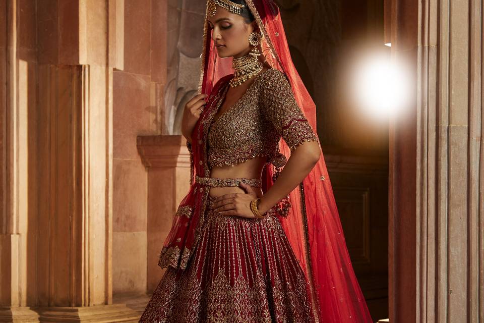 BLOOD RED RAW SILK LEHENGA