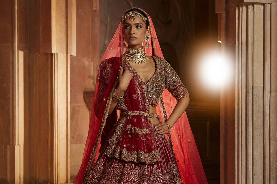 BLOOD RED RAW SILK LEHENGA