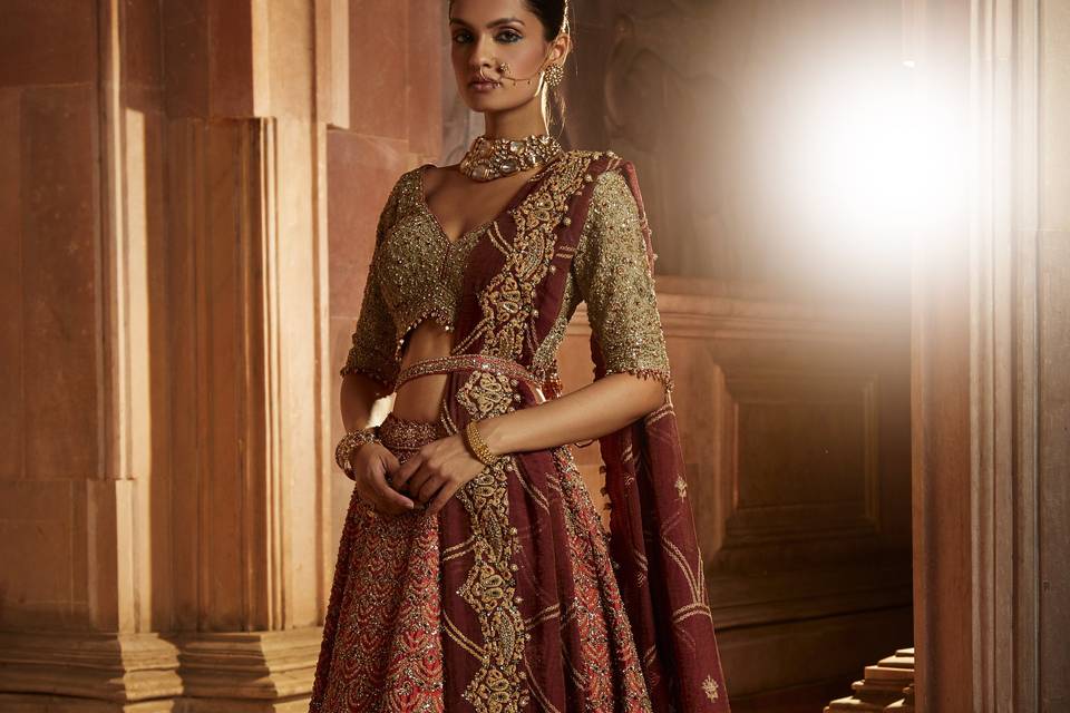 RUST TAFETTA LEHENGA