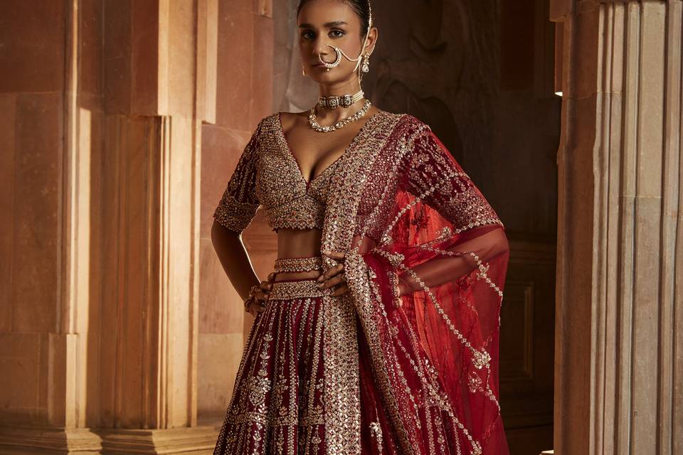 MAROON RAW SILK LEHENGA CHOLI