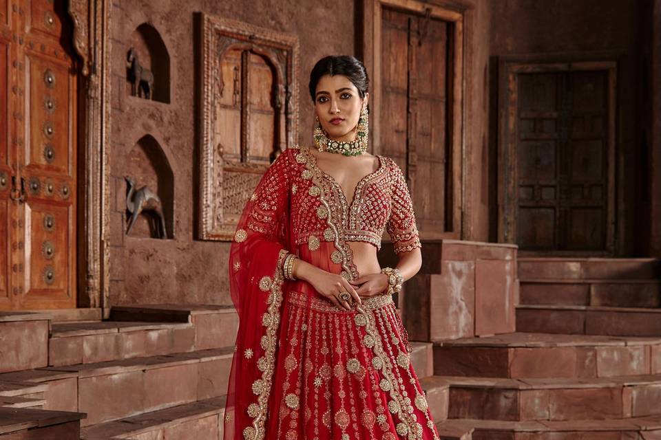 Red Raw Silk Lehenga Set