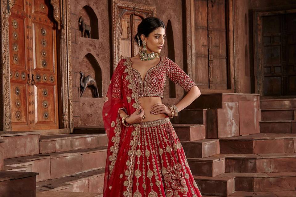 Red Raw Silk Lehenga Set