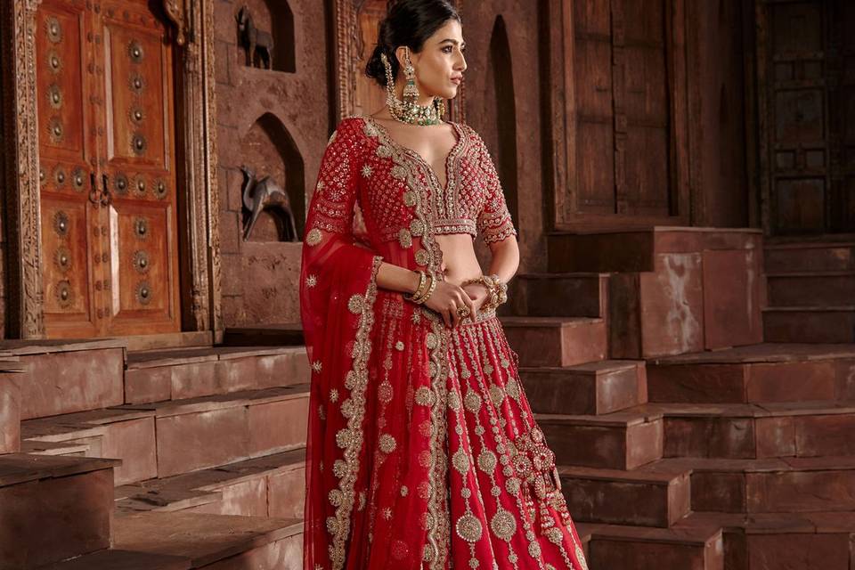 Red Raw Silk Lehenga Set