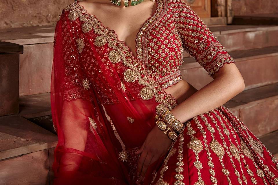 Red Raw Silk Lehenga Set