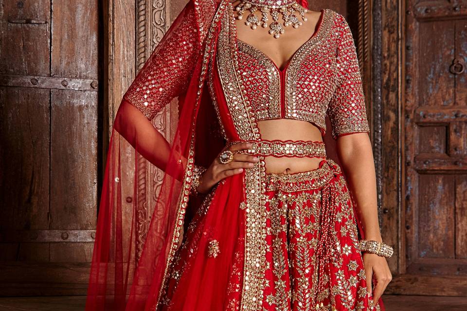 RED RAW SILK LEHENGA SET