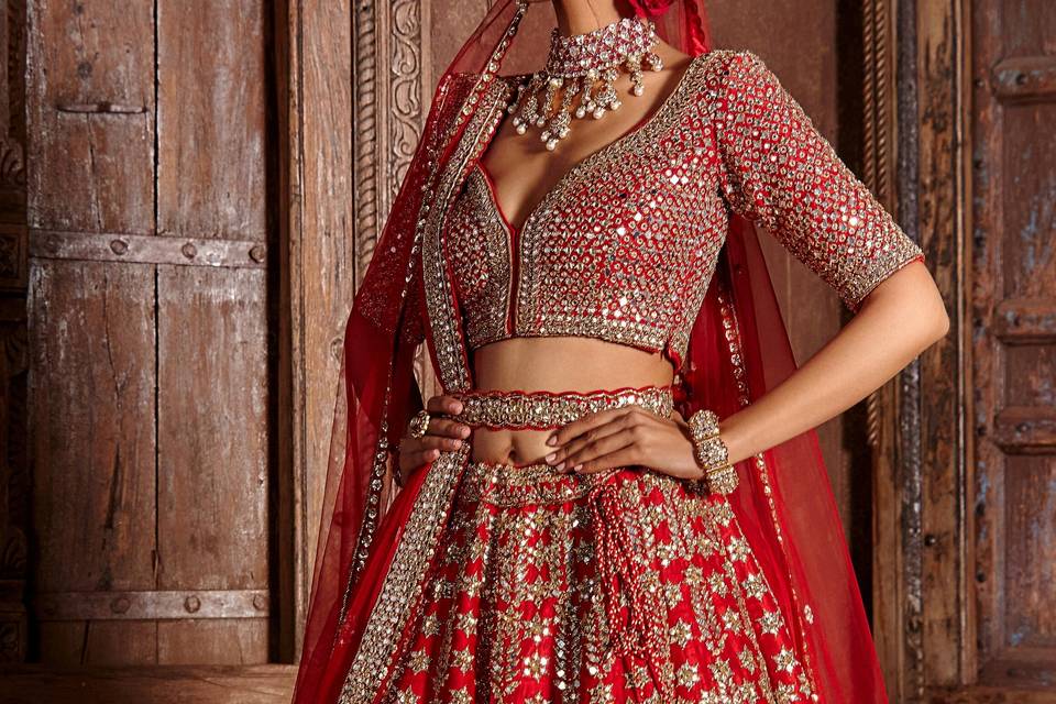 RED RAW SILK LEHENGA SET