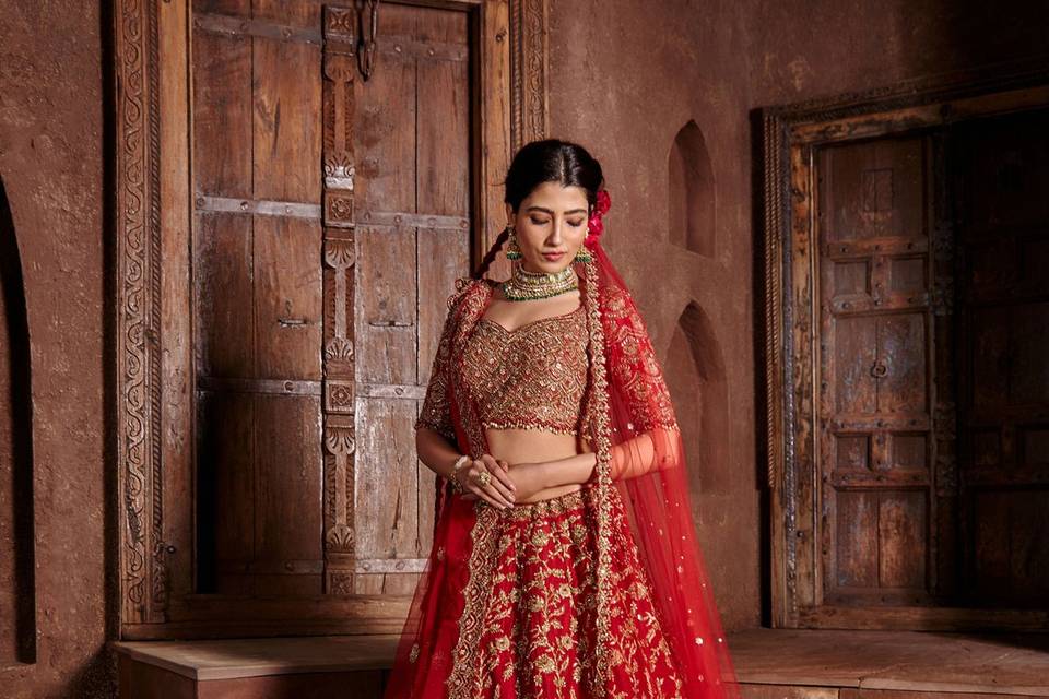 Red Raw Silk Lehenga Set