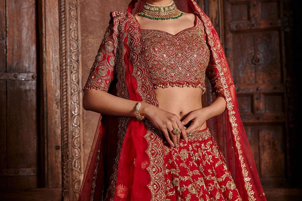 Red Raw Silk Lehenga Set