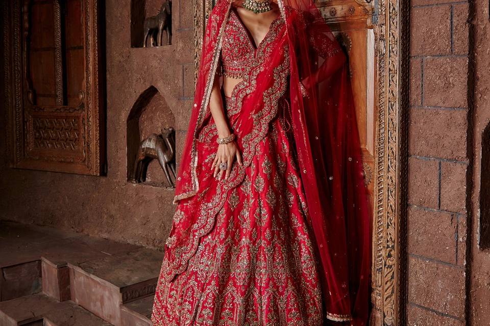 CARDINAL RED RAW SILK LEHENGA