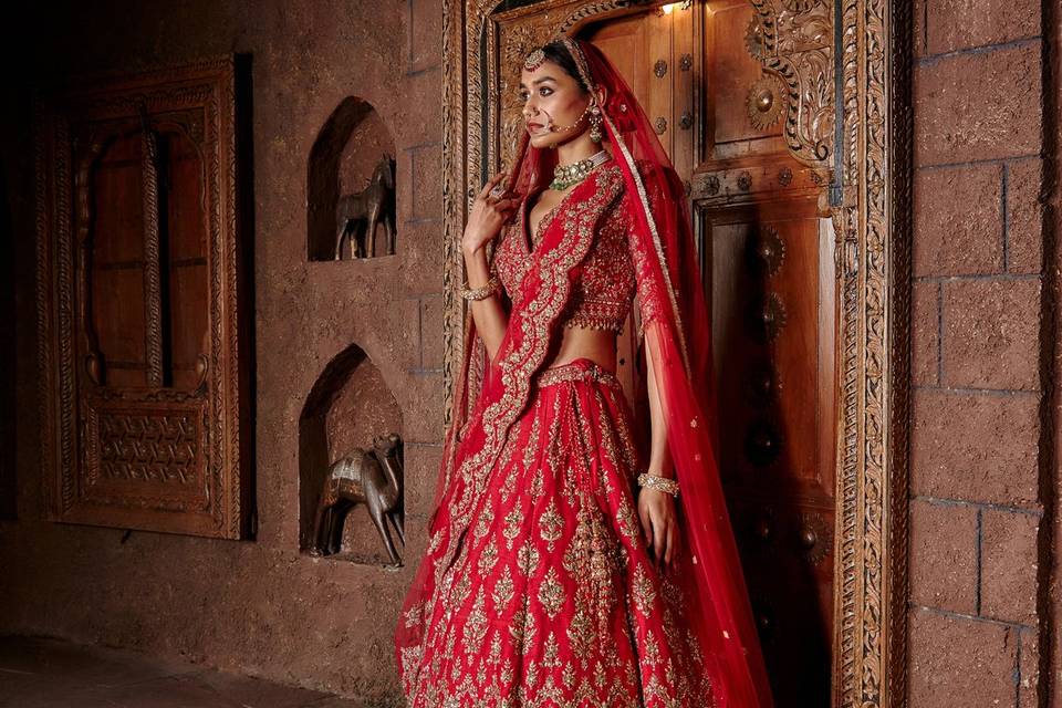 CARDINAL RED RAW SILK LEHENGA