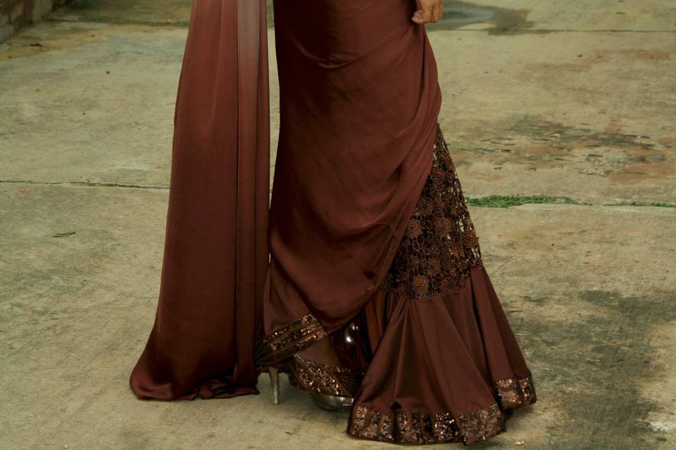 Brown Cutwork Saree