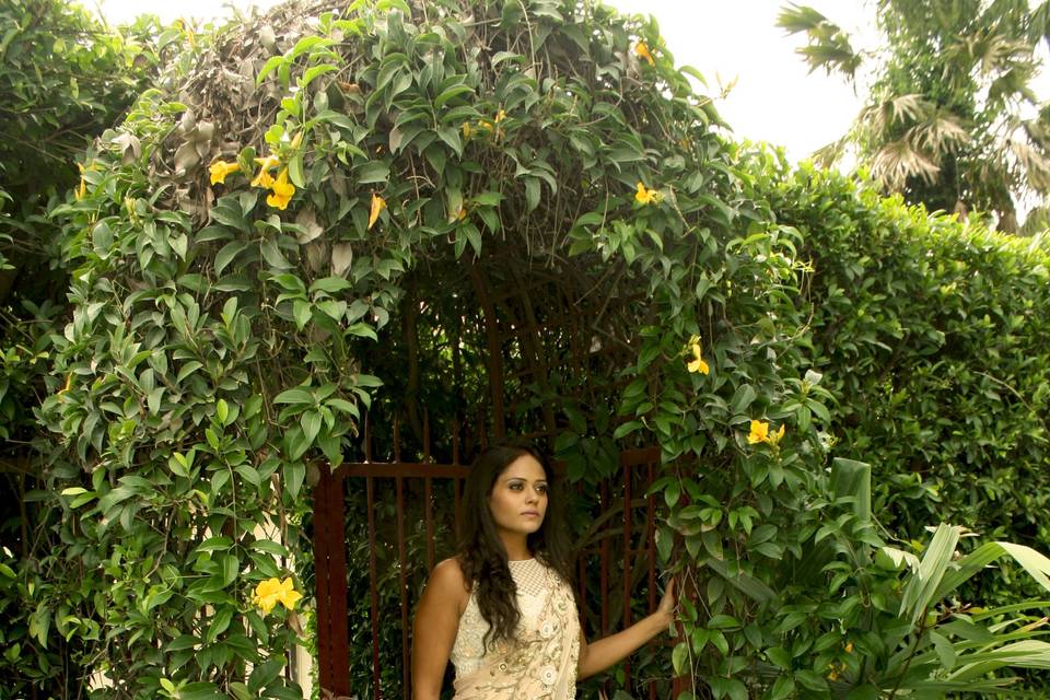 Peach and White Stitched Saree