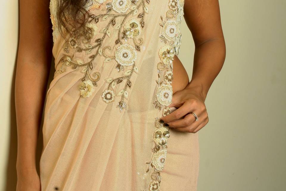 Peach and White Stitched Saree