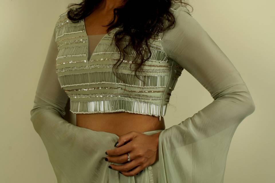 Pale Green Cape Sleeve Lehenga