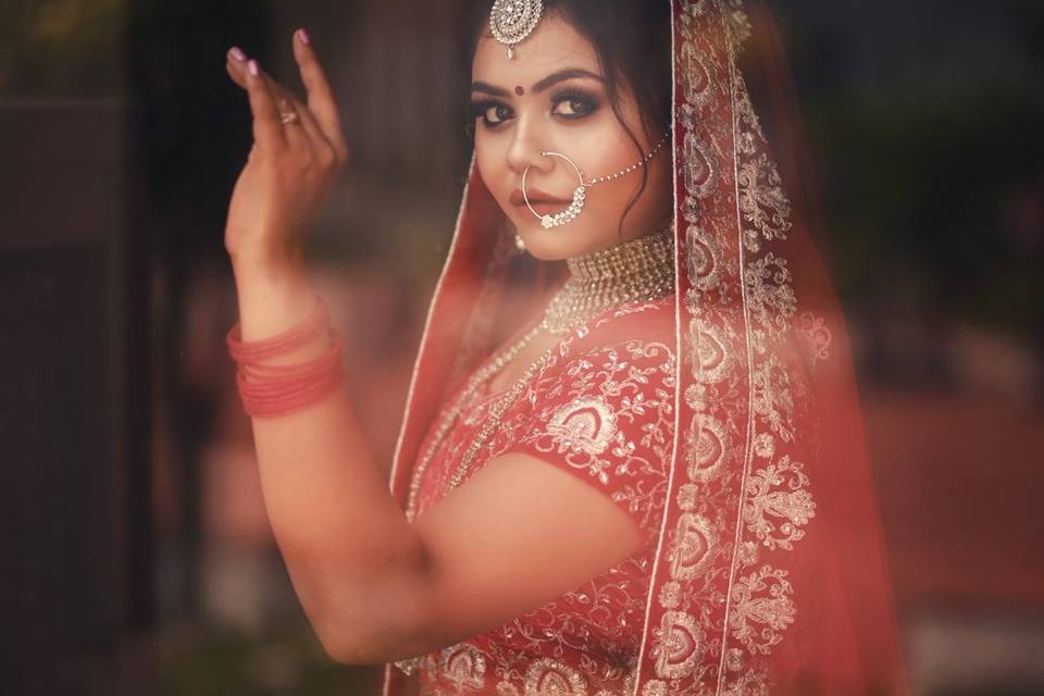 Red silver lehenga look