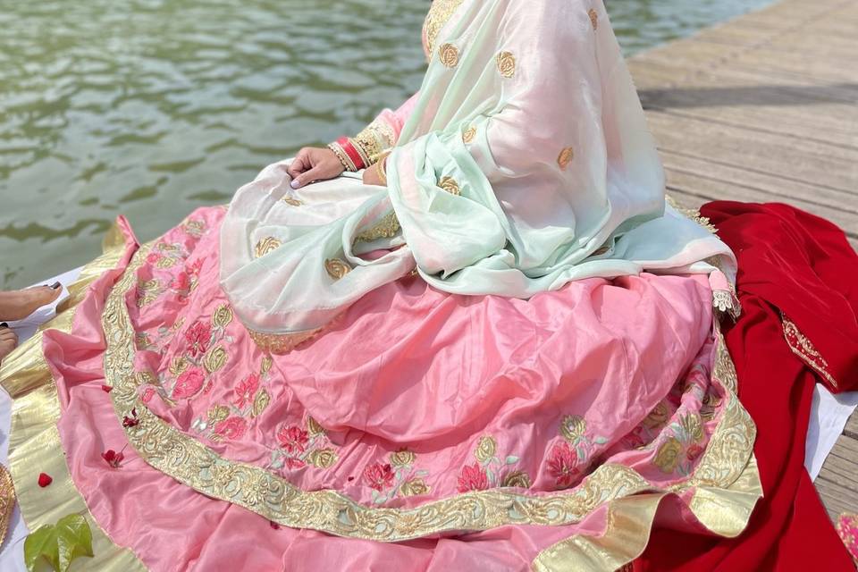 Silk anarkali with lehenga.