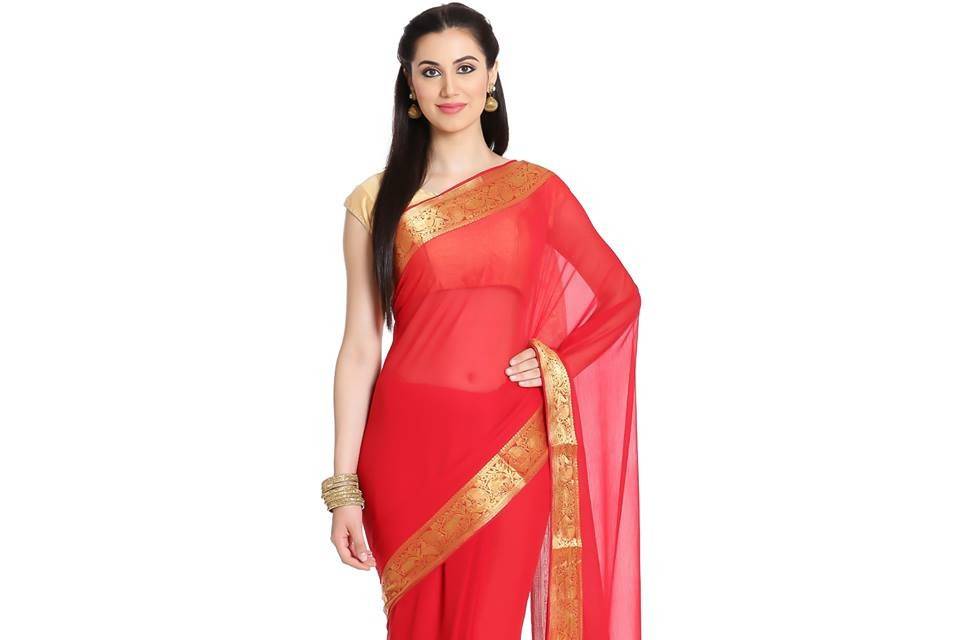 Buy Meena Bazaar Meena Bazaar Red & Gold-Toned Woven Design Zari Organza  Saree at Redfynd