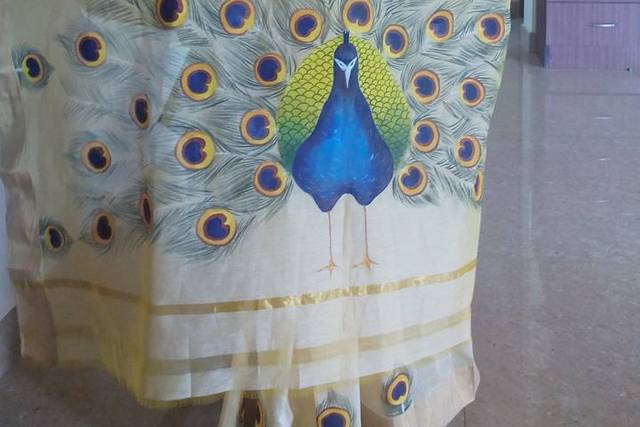 Party Wear South Cotton, Kerala Cotton Saree Mural Hand Painted Peacock  Design, Hand Made, 6.3 M (with Blouse Piece) at Rs 1500/piece in  Thiruvananthapuram