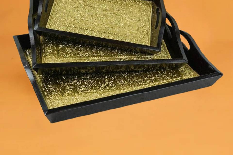 Wooden brass tray s/3