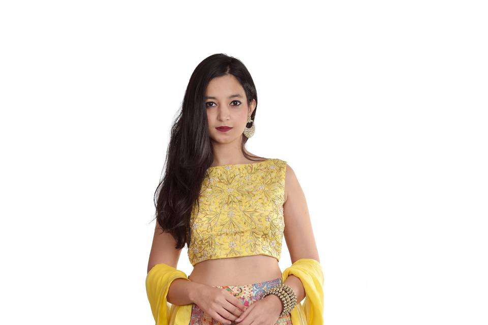 Lemon yellow katputli lehenga