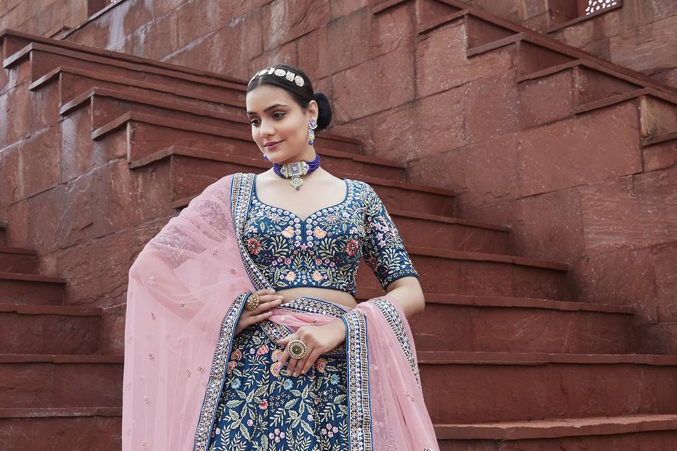 Navy Blue & Pink Lehenga